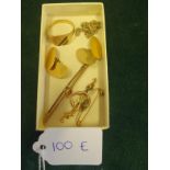 Pair of gold cuff links, gold signet ring, small gold chain and 2 x gold coloured bar brooches total