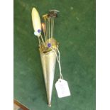 Cone shaped solid silver hat pin holder, 6" long h/m Birmingham 1912, 9 assorted hat pins,