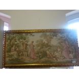 Gilt framed tapestry in the style of Gainsborough with people in period dress playing musical