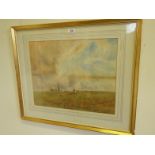 Edwardian period watercolour 18" x 24" Lady and Sheep in Shepherdess dress in a landscape signed