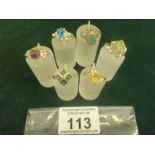 6 x assorted Ladies cocktail rings each one on 9ct shank various stone set, 15.4 grams