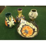 4 x small piece of contemporary Moorcroft, 3 x vases and 1 small dish each impressed with the