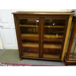 Oak glazed cabinet with 2 glazed doors to the front with shelving enclosed, 4' tall x 4' wide