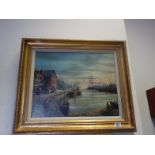 P Bradshaw an oil painting on canvas 20" x 24" a picture depicting a panoramic Quay side scene, with