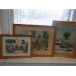 Collection of 3 x watercolours of Tahiti Landscapes with figures and boats, signed Ibrahim, c1980's