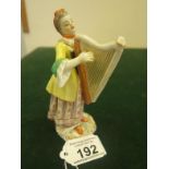 19th early 20 th Century Meissen figurine of a Lady playing a Harp 5.5" tall blue crossed swords