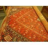 Large good quality floor rug predominately blue and red, 7'6 wide x 12' long