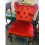 Antique style button backed bedroom chair, burgundy upholstery