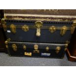 2 x similar storage trunks each 3'6 long with cloth bound interior and original locks and strap