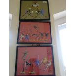 Collection of 3 x interesting African paintings on board each picture 10" x 12" in ebony frame,
