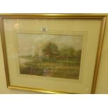 Gilt f/g panoramic watercolour scene, Riverside signed Frances Sondon dated 48' 10" x 14"
