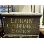 Victorian period trunk- chest, a painted crest to the front states “Library condemned books" 3' long