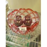 Etched Ruby glass fruit bowl, decorative glass fruit tray and 2 x small items of overlay glass