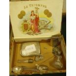 Box containing silver items including 2 x silver medals, silver sugar nips, silver cigarette case, 3