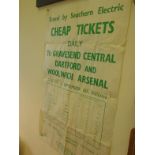 Old railway poster Travel by Southern Electric cheap tickets, has some wear and tear and fold