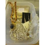 Tray containing various costume jewellery, some silver items including earrings,