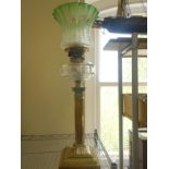 Good quality Victorian period glass 2'6 tall oil lamp with etched green glass shade above a glass