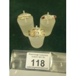 3 x 14ct gold Ladies dress rings each one set with stones, 9.5 grams,