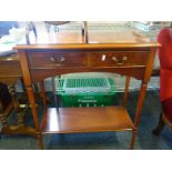 Regency style small hall table comprising 2 short drawers above a shelving unit, 2'6 long x 12"