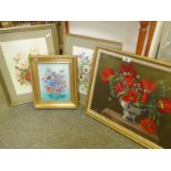 Still life paintings including an oil on board by Laurie of flowers, a Madge Rose un-signed