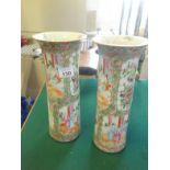 Pair of 19c Famille Rose decorated vases each decorated with enamel decoration and panels containing