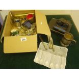 Box containing various collectable items including spoons, medals novelty silver plated items and