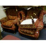 Good quality pair of antique style burgundy upholstered armchairs both in pristine condition on