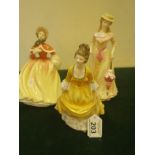 3 x Royal Doulton Lady Figurines, Coralie HN2307, Spring Morning HN1922 and 5" version of Young