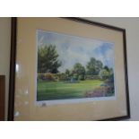 Large f/g watercolour of a panoramic landscape scene in a Cottage Garden by Roger Heath image size