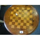 Mid-19c Chess table, a circular top with chess board playing area, below a barley twist tapering