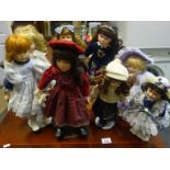 Plastic box and lid with enclosed amount of porcelain headed Dolls, various sizes from 6" to 14" 8