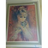 Framed 1960's print on board of a young girl holding a cat, retro style 24" x 30" approx