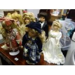 Plastic box and lid with enclosed amount of porcelain headed Dolls, various sizes from 6" to 14" 7