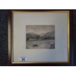 F/g monochrome 19c drawing of a panoramic landscape scene with mountains, 4" x 4"