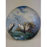 Sevres, a 19c Charger, panoramic landscape scene depicting 4 stork Birds? full details on reveres