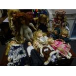 Plastic box and lid with enclosed amount of porcelain headed Dolls, various sizes from 6" to 14"