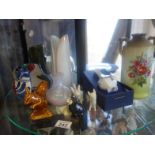 Shelf of collectors items including Sylvac, Poole, and a Doulton black Cat, Royal Worcester