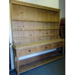 Large 19c pine dresser with plate rack to back and triple shelving 7' tall x 8' long the base