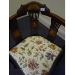 Victorian period corner chair with inlaid decoration and a recently upholstered seat