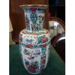 Oriental design vase, decorated with Birds and Flowers, 16.5" tall painted green marks to base