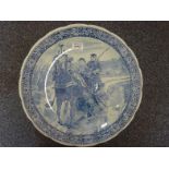 Delft charger, blue and white decorated with a Horse and Riders in a Carriage, 16" dia marked to