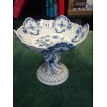 Blue and white comport, with hand painted decoration, blue crossed mark to the base, 6.5" tall