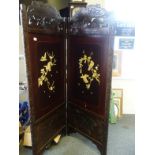 2 tier Oriental screen with soapstone inlaid decoration of birds, and twigs, has been repaired to