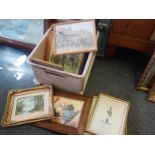 Plastic box containing various prints and pictures with small frames and some gilt frames