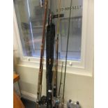 5 x assorted old fishing rods 2 with attached reels,