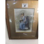 Framed & Glazed painting on glass of a young lady seated in a chair c1920's image size 6" x 8"