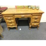 Good quality Puduke wood desk, bankers style desk with a cluster of 3 drawers to each side with