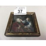 Small miniature oil painting of an elderly man and young girl, 2" x 2" est 30-60