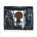*Margrit CLEGG (b.1941) Black & white etching with gold ‘Stone & Time’ Christmas card Inscribed &