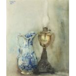 *David WESTON (b.1942) Watercolour Still life – blue & white toilet jug & brass oil lamp Signed &